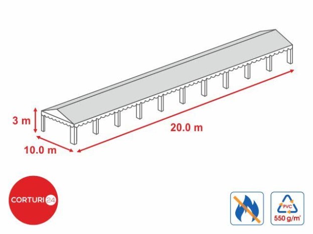 10x20m-Prelata acoperis 550 gr/m2 - 3m inaltime laterala, PVC ignifug alb