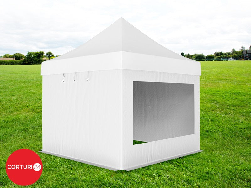 3x3 m Pavilion Pliabil Professional Aluminiu 50 mm, cu 2 ferestre panoramice, PVC 620 gr /m2, alb, ignifug