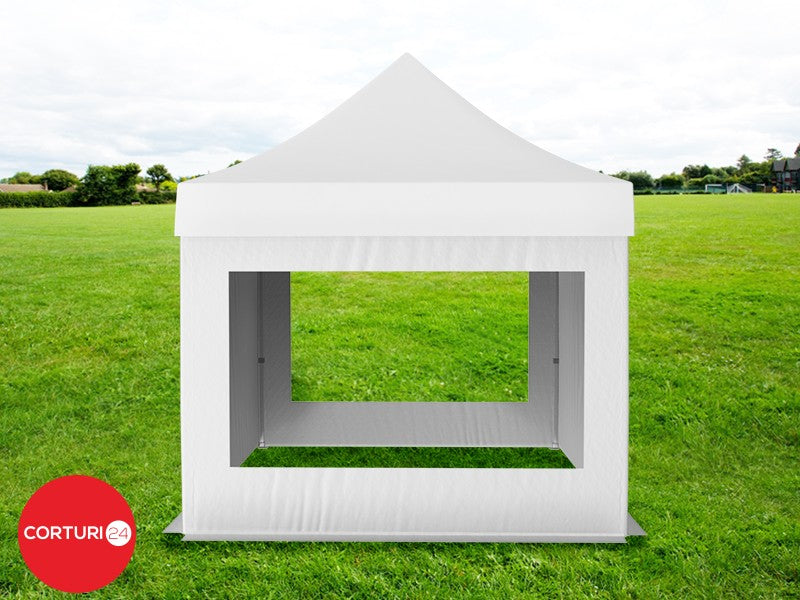 3x3 m Pavilion Pliabil Professional Aluminiu 50 mm, cu 2 ferestre panoramice, PVC 620 gr /m2, alb, ignifug