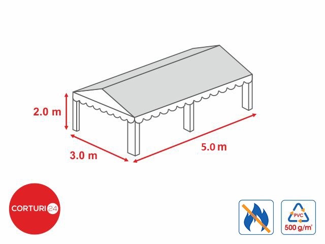 3x5m-Prelata acoperis 500 gr/m2  - 2m inaltime laterala, PVC ignifug alb