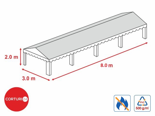 3x8 m-Prelata acoperis 500 gr/m2  - 2m inaltime laterala, PVC ignifug alb
