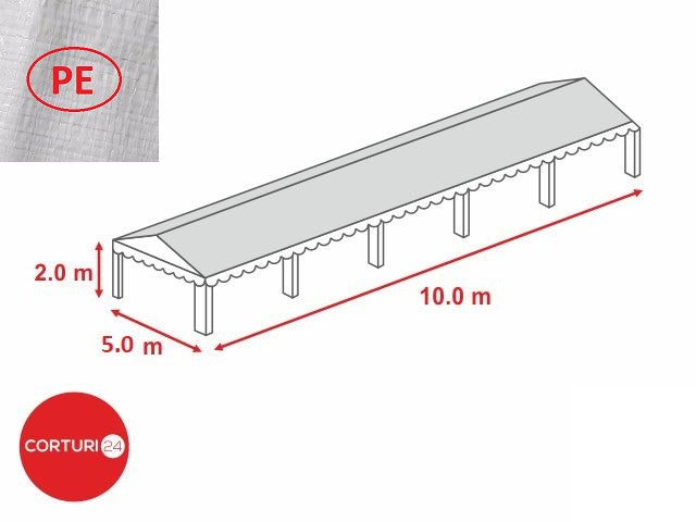 5x10 m-Prelata acoperis PE 260 gr/m2  - 2m inaltime laterala, alb