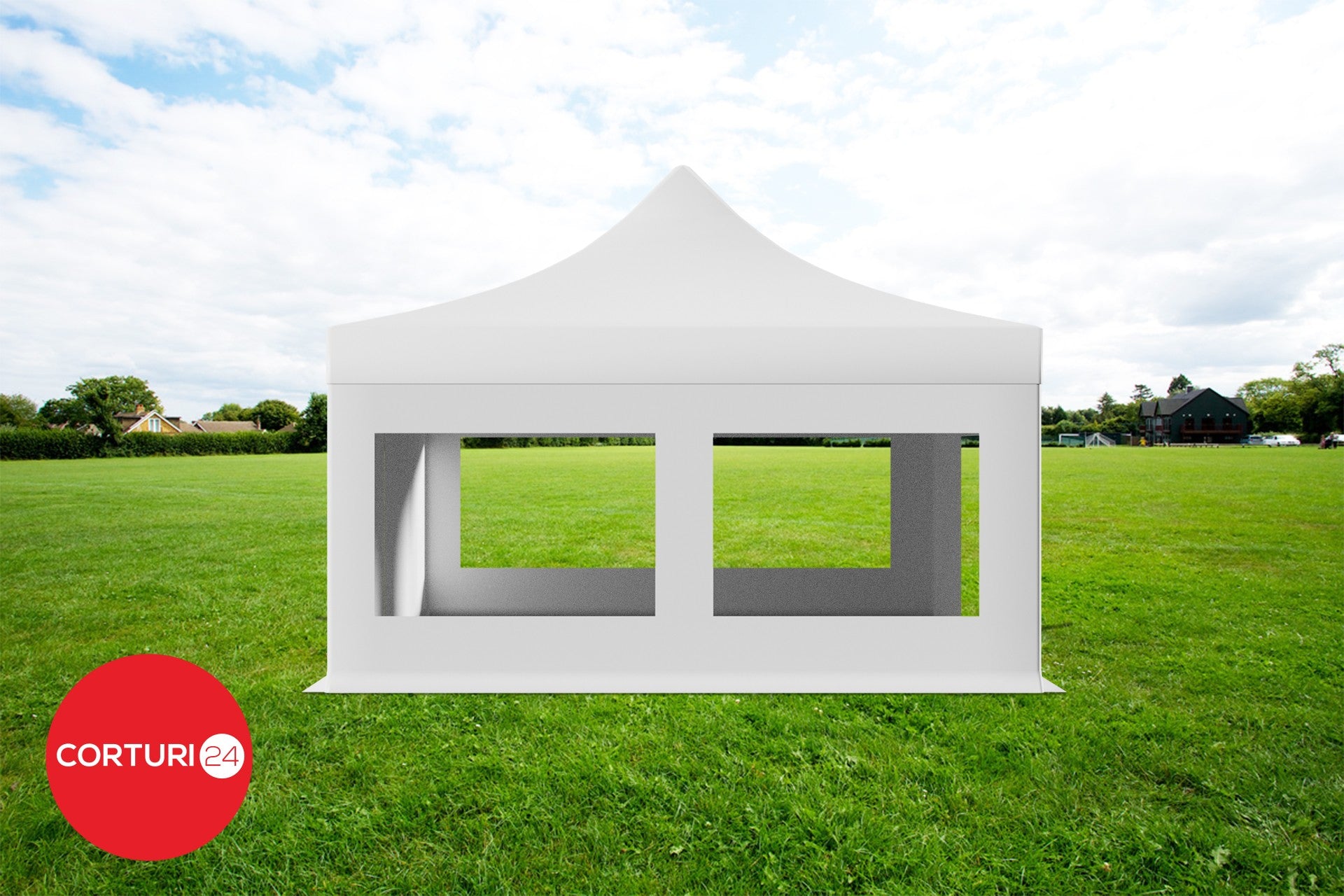 5x5 m Pavilion Pliabil Professional Aluminiu 50 mm, cu ferestre panoramice, PVC 620 gr /m2, alb, ignifug