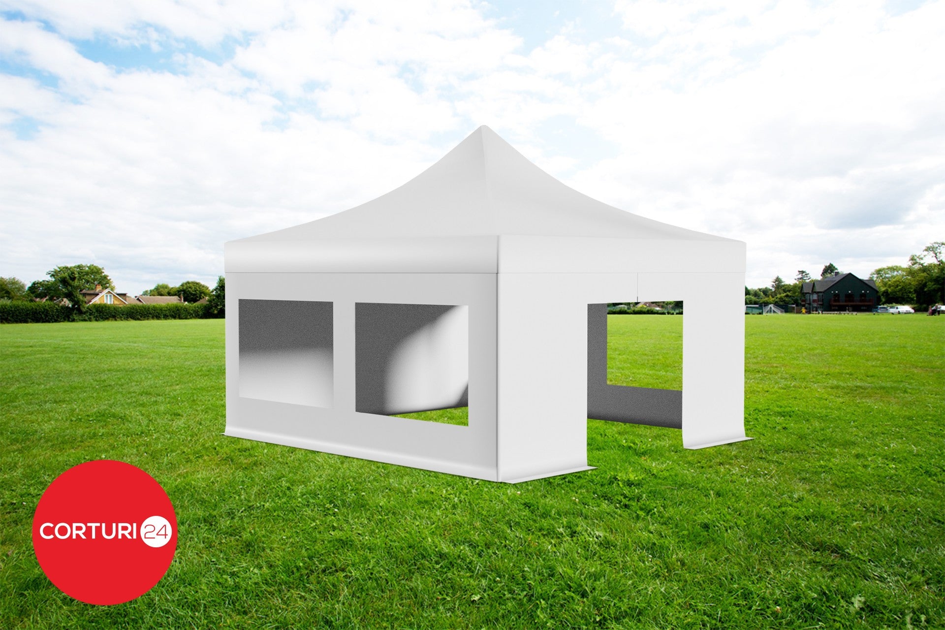 5x5 m Pavilion Pliabil Professional Aluminiu 50 mm, cu ferestre panoramice, PVC 620 gr /m2, alb, ignifug