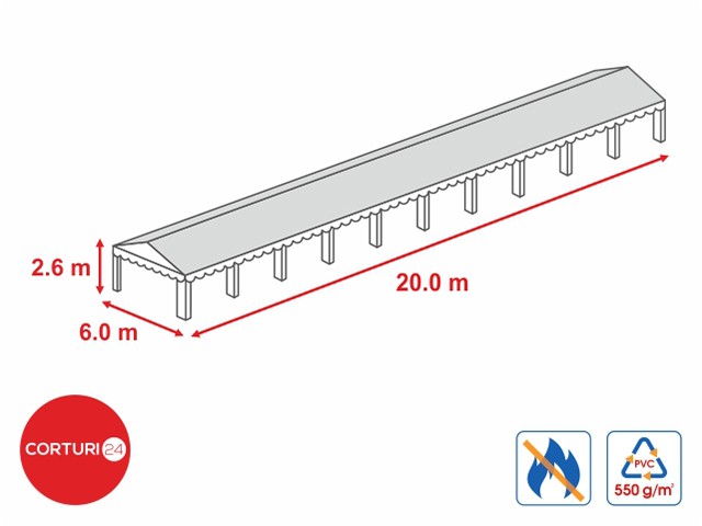 6x20 m-- Prelata acoperis 550 gr/m2 -2,6m inaltime laterala, PVC ignifug alb